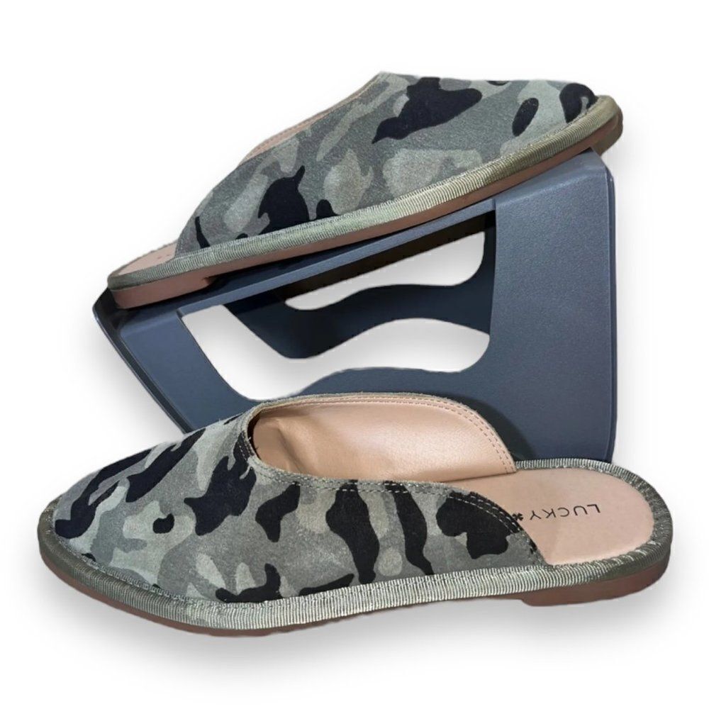 Lucky Brand ARVY‎ Leather Green Camo Flat Clogs Women's 7